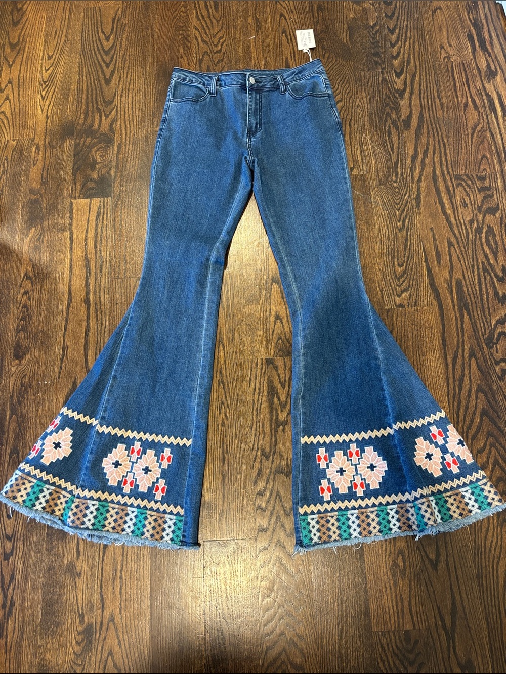 Blue Embroidered Flare Jeans with Floral Hem